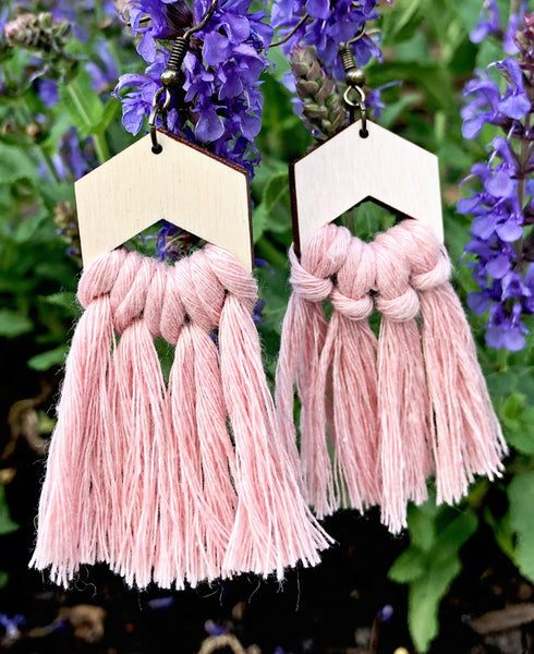 Khloe Baby Pink Boho Macrame Fringe Earrings