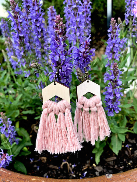 Khloe Baby Pink Boho Macrame Fringe Earrings