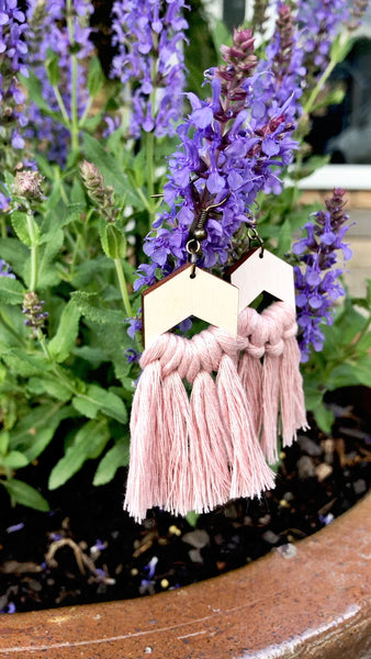 Khloe Baby Pink Boho Macrame Fringe Earrings