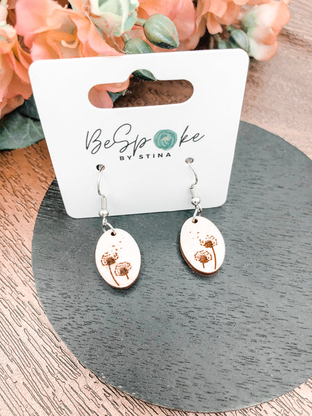 Dandelion Engraved Wood Earrings