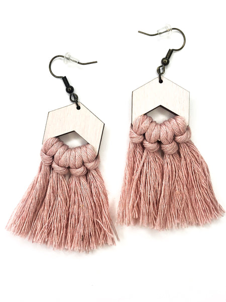 Khloe Baby Pink Boho Macrame Fringe Earrings