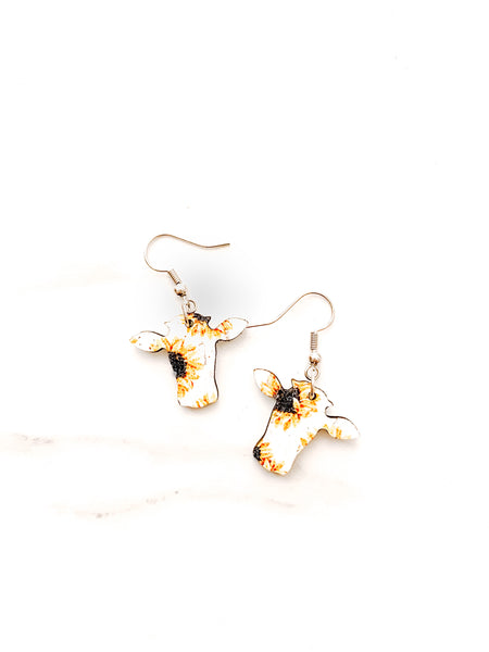 Sunflower Print Cow Earrings