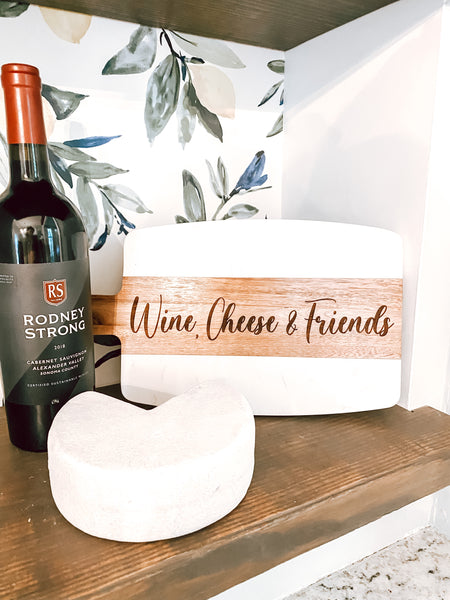 Marble and Wood Wine, Cheese, and Friends Engraved Serving/ Charcuterie Board