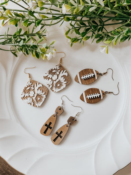 Carved Wood Cross Earrings