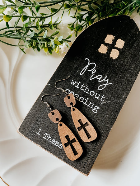 Carved Wood Cross Earrings