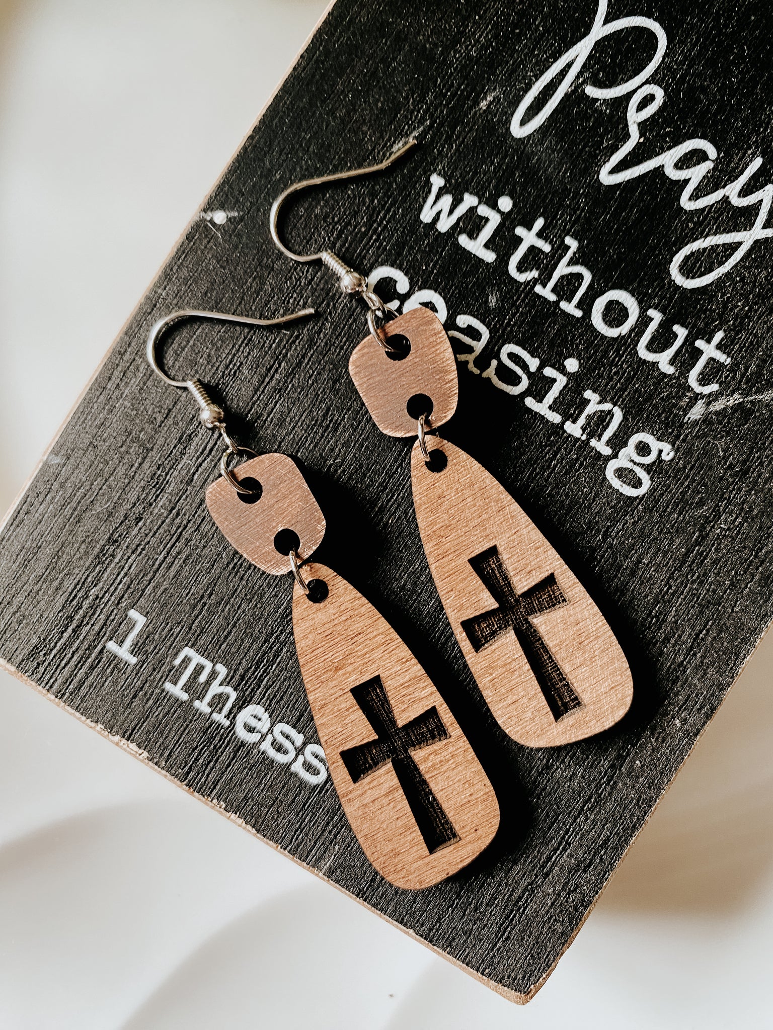 Carved Wood Cross Earrings