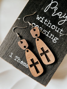 Carved Wood Cross Earrings