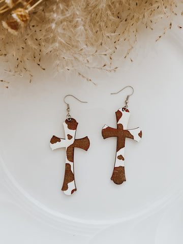 Cow Print Western Boho Cross Wood Earrings