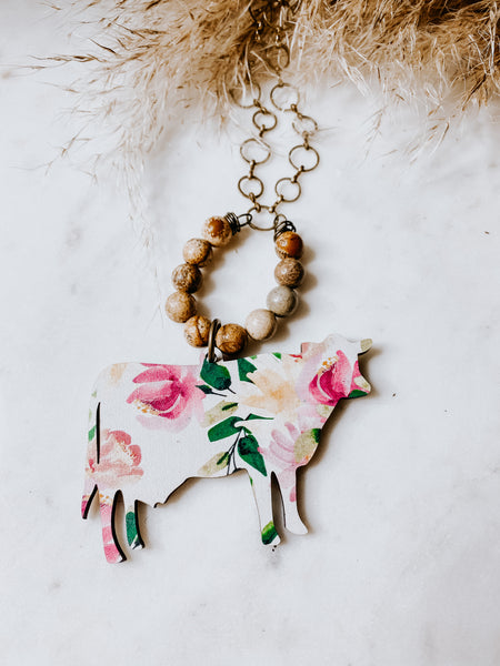 Floral Cow Beaded Necklace