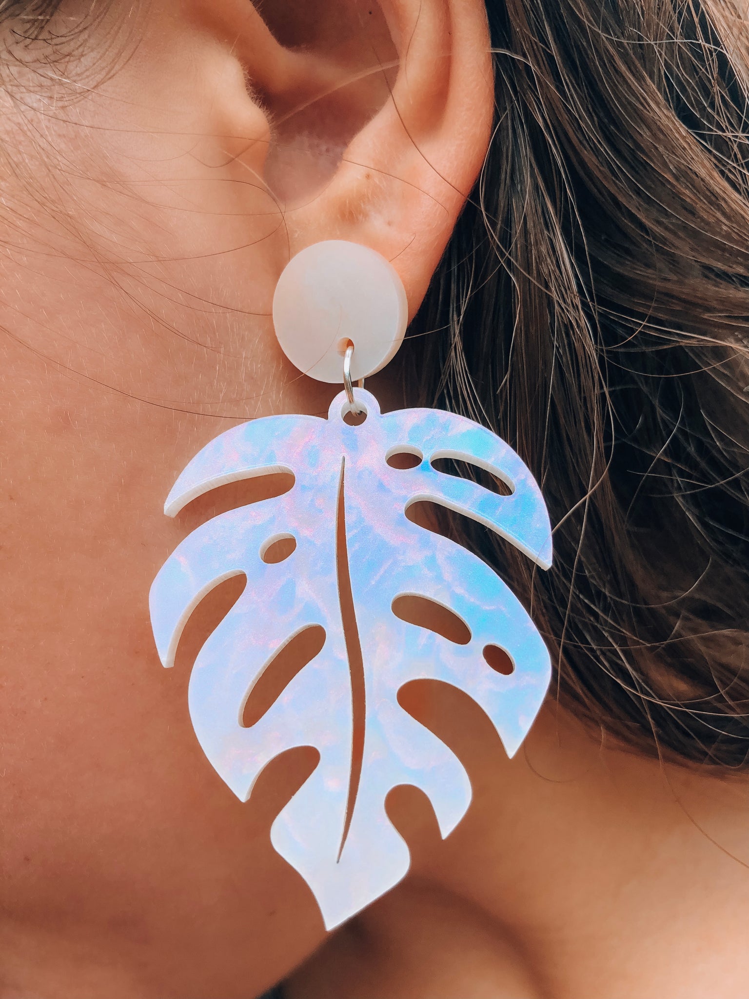 Tropical Holographic Iridescent Monstera Leaf Dangle Post Earrings