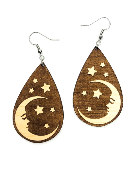 Vintage Starry Night Hardwood Moon Earrings