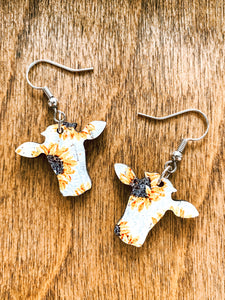 Sunflower Print Cow Earrings